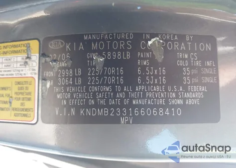 2006 Kia Sedona Ex/Lx z USA, uszkodzony, nr VIN KNDMB233166068410